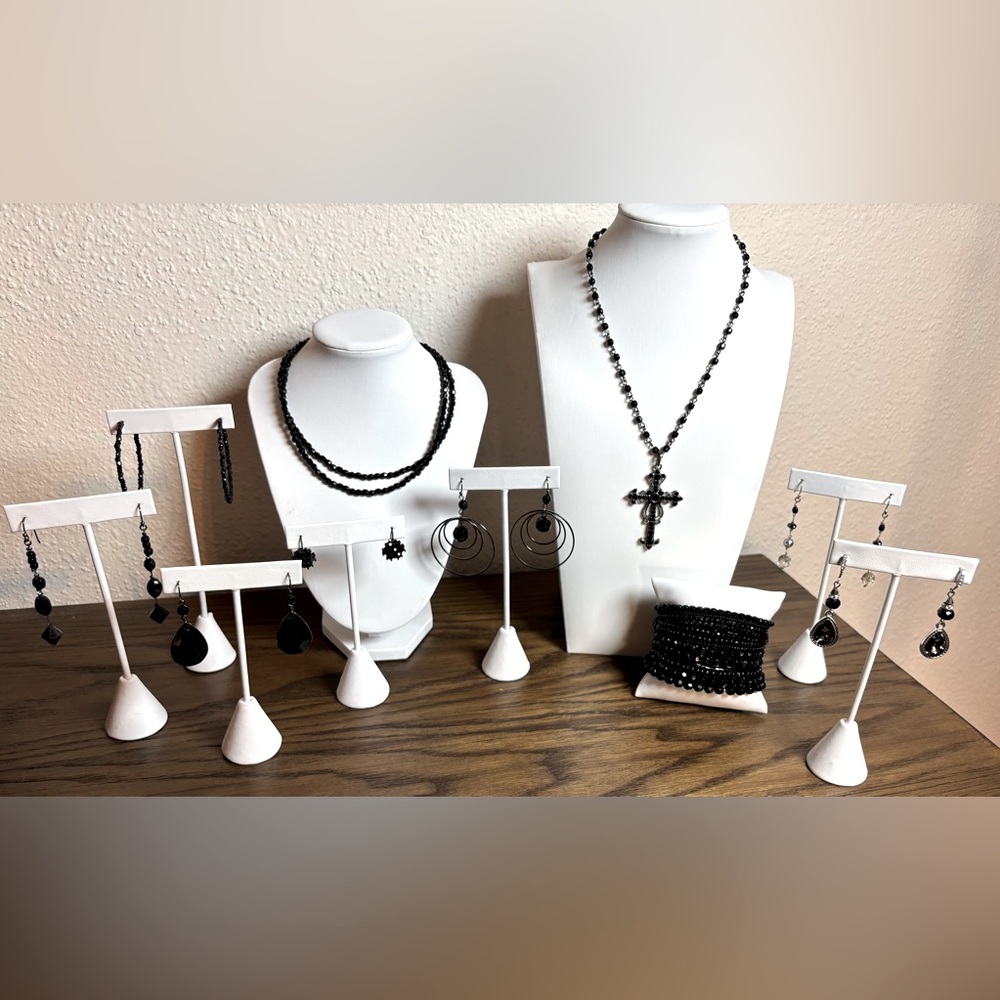 Black Jewelry Necklace with Cross Pendant, Bracelet and Earrings